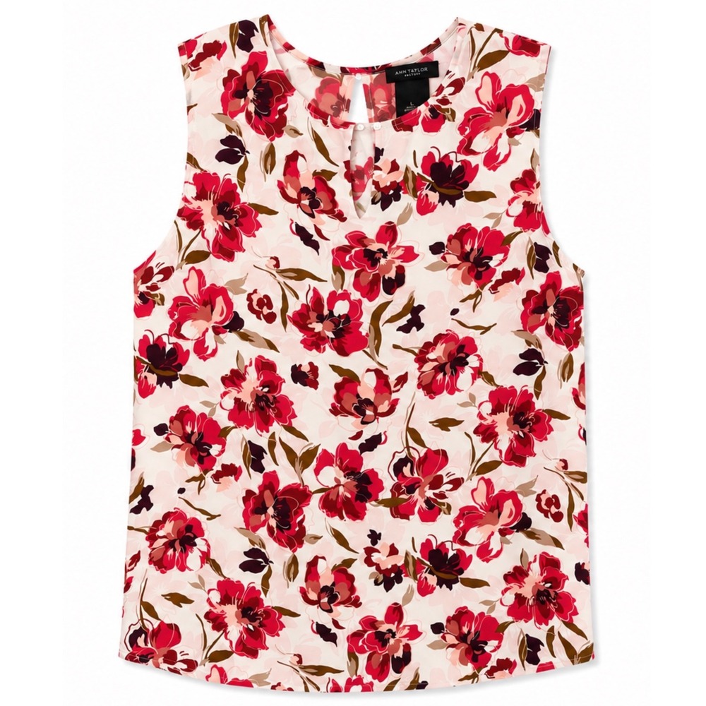 Ann Taylor Factory Pink Floral Sleeveless Blouse Keyhole Neck Top Size Large - Picture 2 of 6
